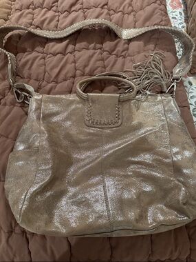 HOBO Distressed Metallic Platinum Leather Shoulder Bag